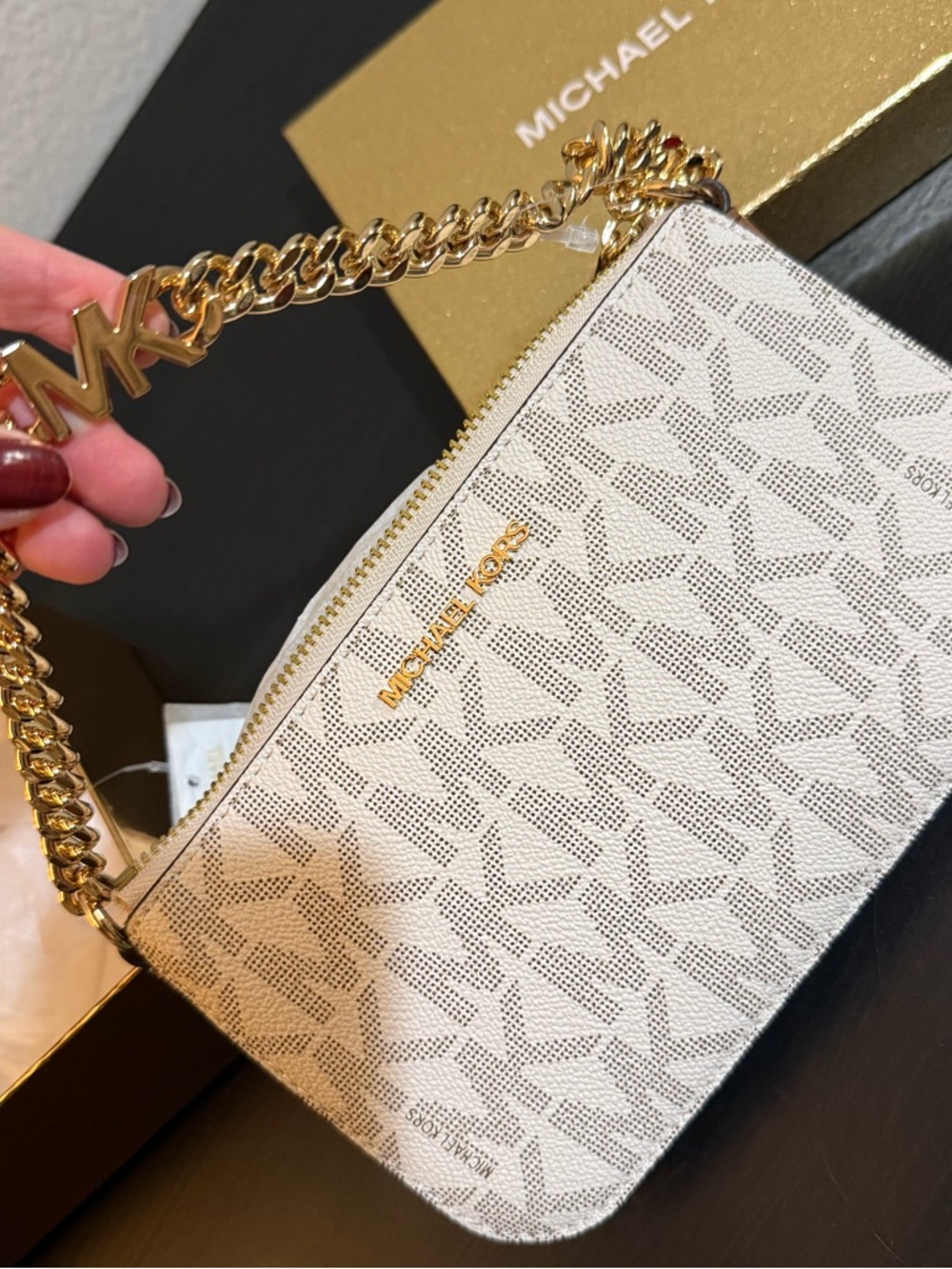 Michael Kors White Logo Mini Chain Shoulder Bag with Gold Hardware